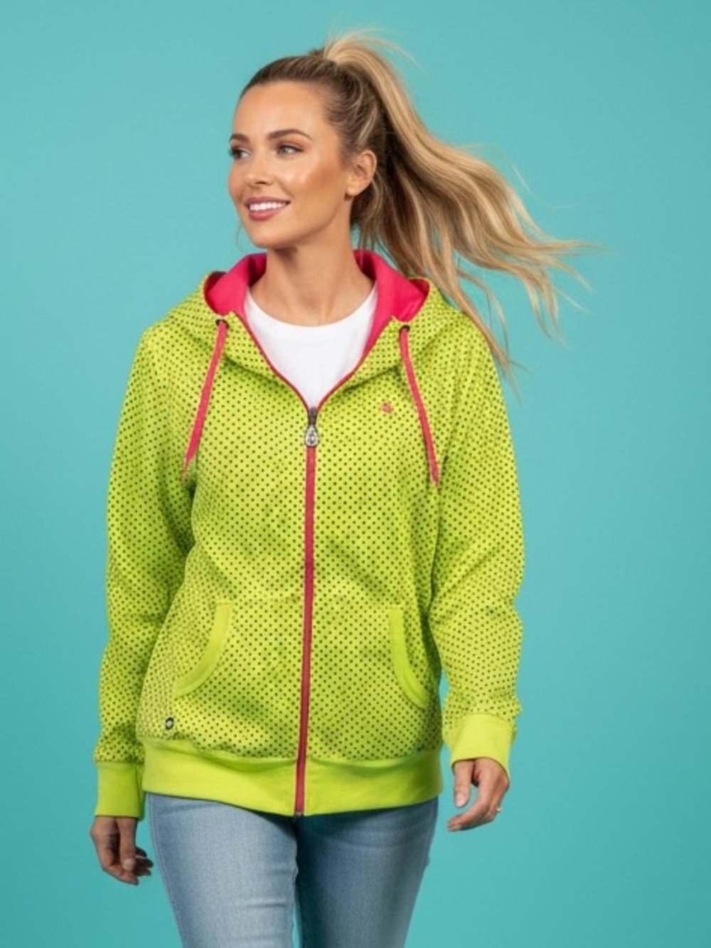 Volcom Neon Green Pink Polka Dot Hoodie Jacket Size S
